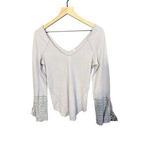 Free People Womens Light Gray Waffle Knit Long Sleeve Top With Lace Bell Cuffs S